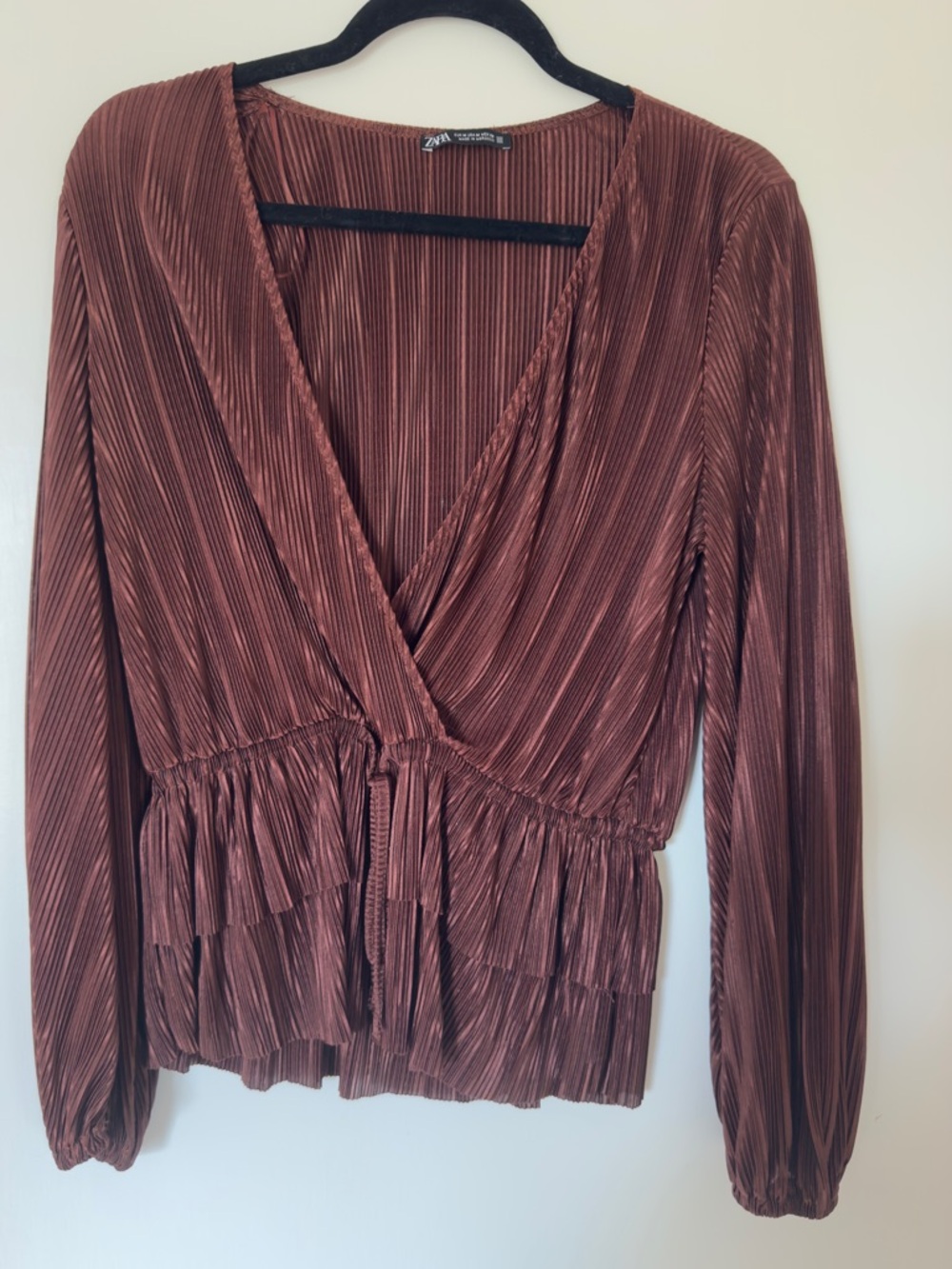 Zara Copper Plissé Wrap-Front Blouse